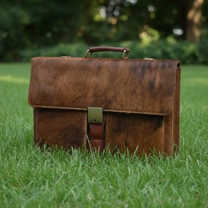 May include: A brown leather briefcase with a textured, fur-like exterior. The bag has a top handle, a front flap with a brass clasp, and a leather strap. The briefcase is sitting on green grass.