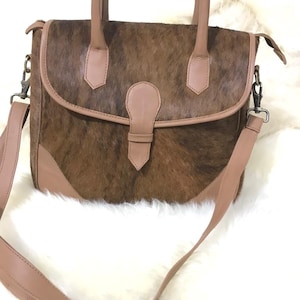 Handmade Cowhide Leather Messenger Bag: Brindle Brown Hair-On Satchel