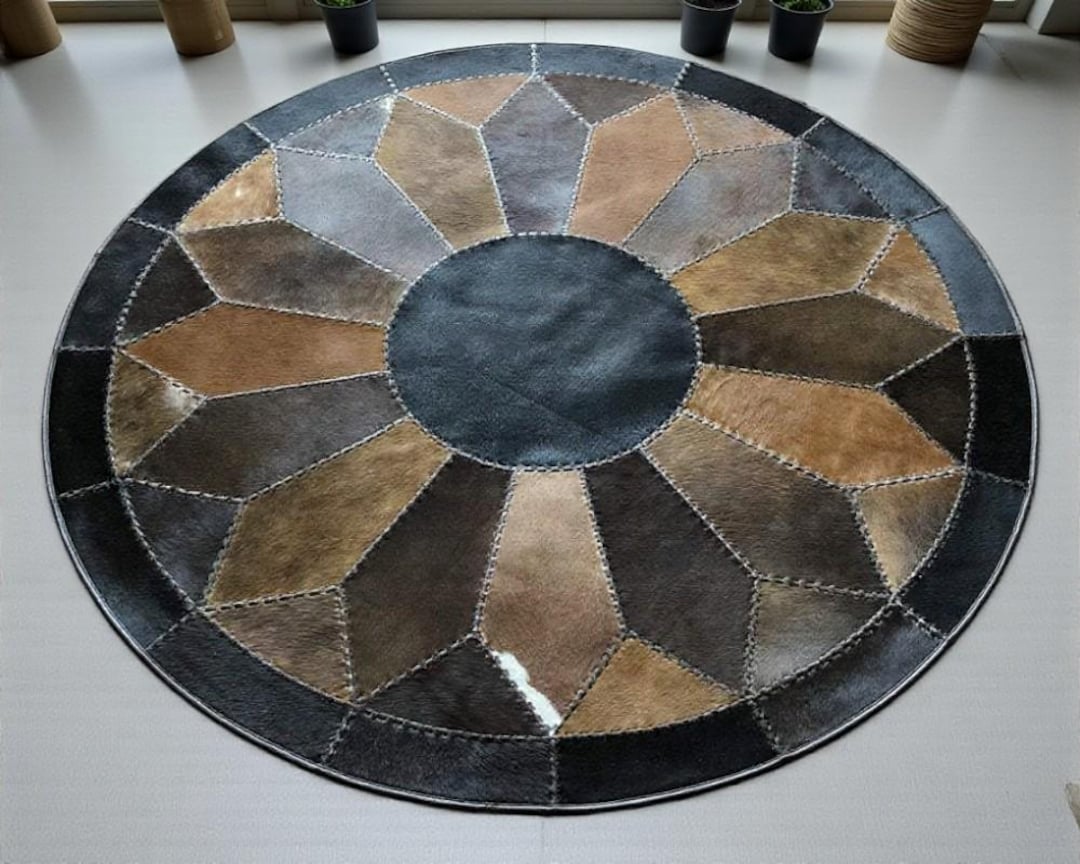 Round Hide Rugs Round Cowhide Patchwork Rug: Modern Hair-on Leather Area Rug - Etsy