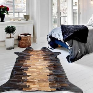 Handcrafted Patchwork Cowhide Rug | Natural Leather Area Rug | Premium Leather Area Rug Carpet Hair On | Tricolor Cowhide Rug Patchwork 4x6