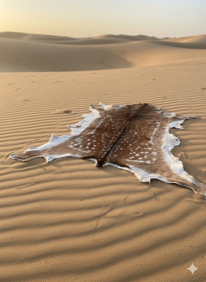 May include: A brown and white spotted animal hide rug lies on rippled sand dunes under a warm, golden sky. The hide has a dark brown center with white spots and a white border, creating a natural, rustic aesthetic.