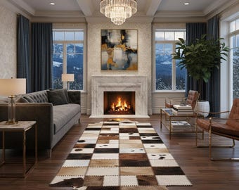 Hand-Stitched Cowhide Patchwork Runner Rug – 3x7 ft Leather Area Rug