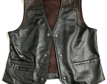 Men's Cowhide Leather Biker Vest: Western Style Black & Brown Waistcoat