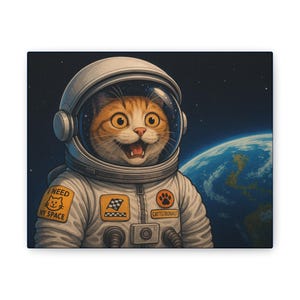 Astronaut Cat Canvas Wall Art, Whimsical Space Decor, Cat Lover's Gift, Fun Galactic Artwork, Cute Animal Print