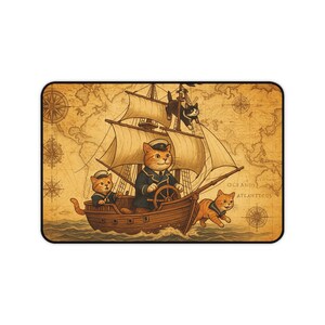 Maritime Katze Schreibtischmatte mit Vintage Karte Design, Geschenk für Katzenliebhaber, Bürodeko, süßes Schreibtischzubehör, Home Office Essential