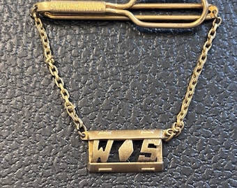VINTAGE 1930's Swank Gold Tone Initial Tie Clip with Chain W S Initials