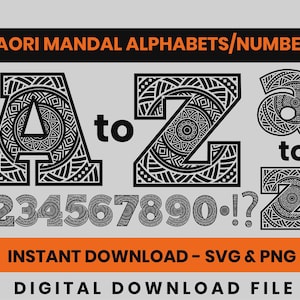 May include: Black and white Maori Mandal alphabets and numbers, including the letters A to Z and the numbers 1 through 0, with exclamation and question marks. The text "MAORI MANDAL ALPHABETS/NUMBERS" is at the top.