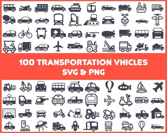 100 Transportation Vehicle Icons Svg Bundle Car Ship Plane Cycle Bus Camper Rocket Crane Helicopter PNG Files for Cricut Clip Art Silhouette