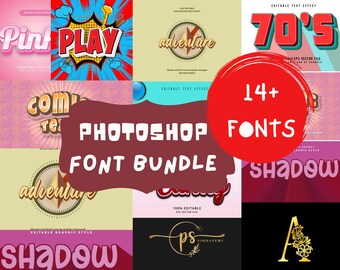 Puede incluir: Una colección de fuentes de diseño gráfico con varios estilos, incluyendo "Pink", "Play", y "70's". La imagen presenta un círculo rojo con el texto "14+ FONTS" y una pancarta que dice "PHOTOSHOP FONT BUNDLE".
