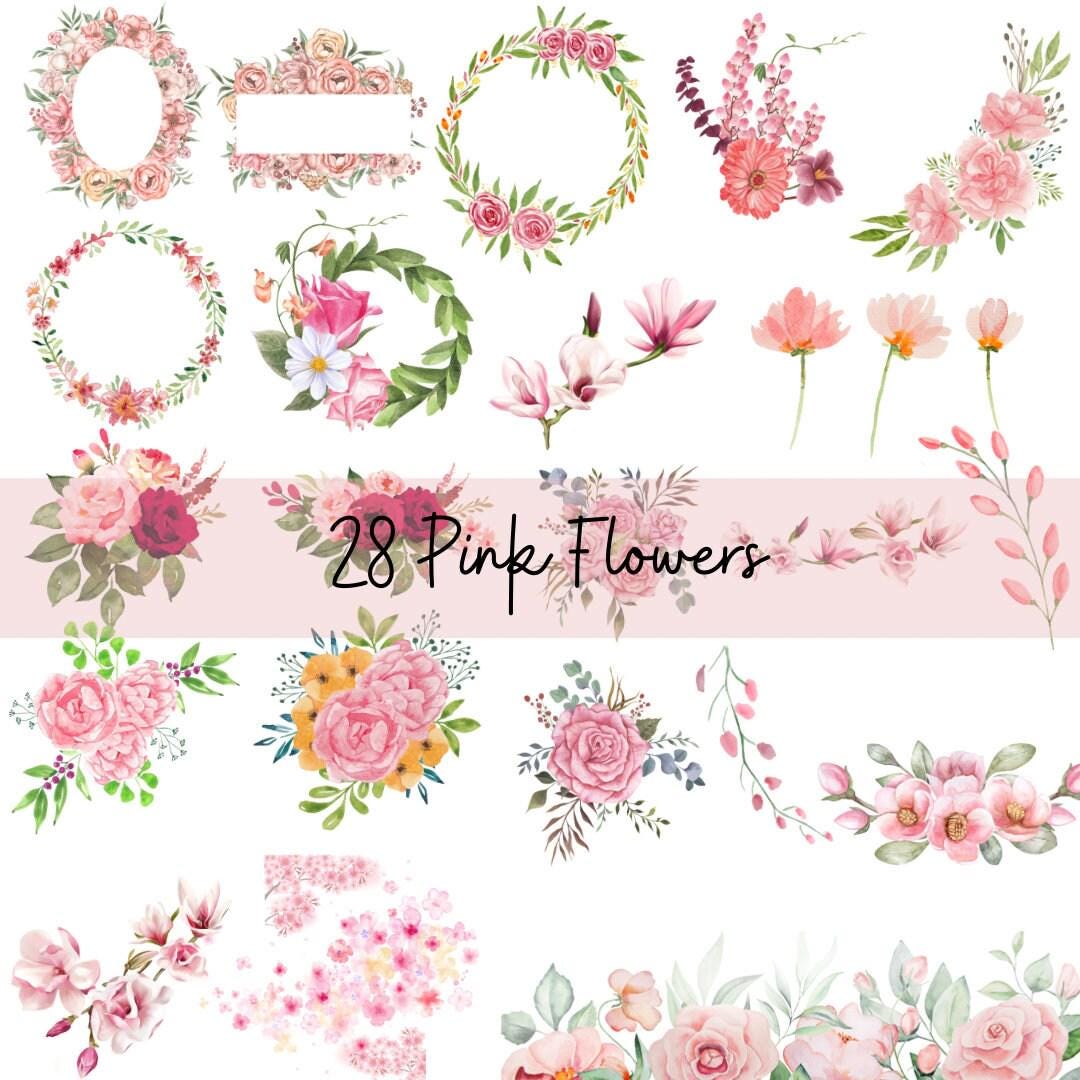 Watercolor Floral Clipart Bundle, Pink Flowers PNG, Flower Bouquet ...