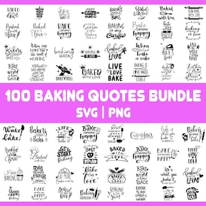 Puede incluir: Un conjunto de 100 citas de repostería en texto negro sobre fondo blanco. Las frases incluyen "Baked with Love", "Baking is My Cardio" y "Let's Start Baking". Las palabras están en formatos SVG y PNG.