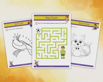 May include: Three activity sheets for children. One is a dot-to-dot of a bird, another is a maze puzzle with a soccer ball and a boy, and the third is a trace and color of a raccoon. Each sheet has a purple and yellow border.