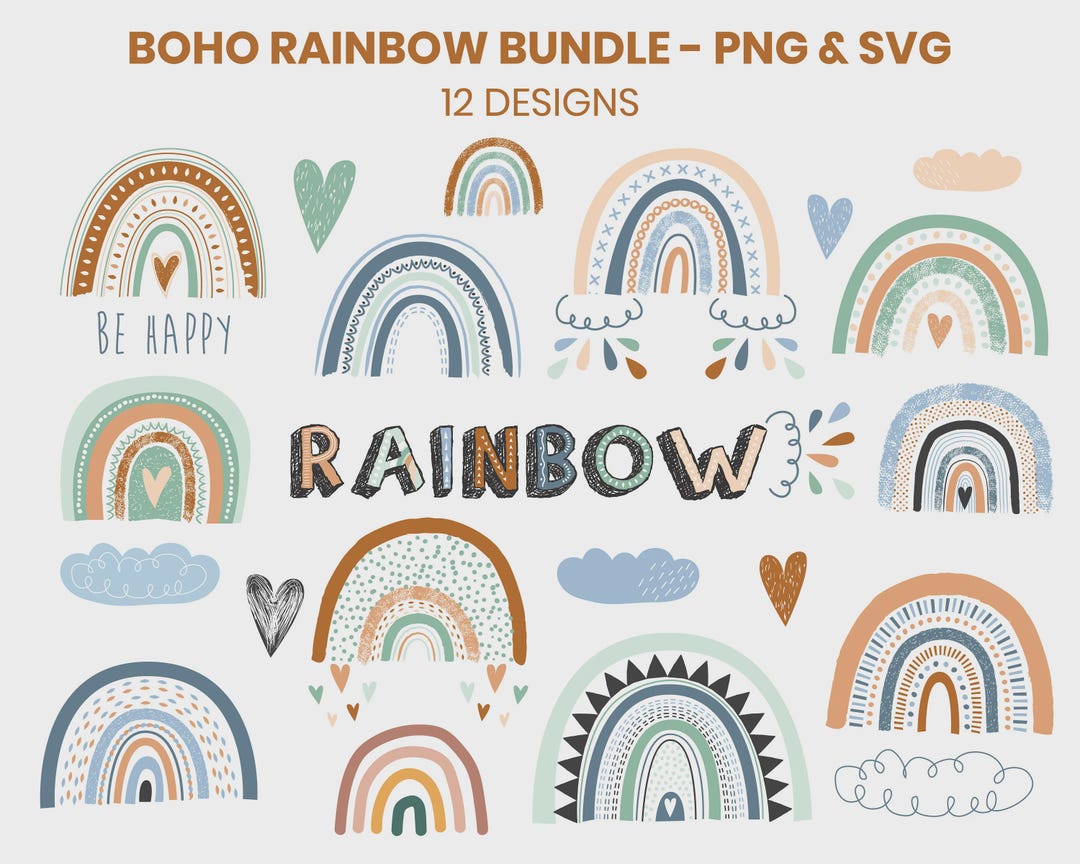 Bohemian Rainbow Designs, Rainbow PNG SVG Bundle, Boho Pastel Rainbow ...