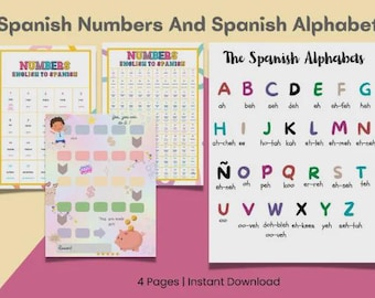 4er Set Spanisches Alphabet und Spanische Zahlen, druckbare Lernposter, Lernmaterialien, Hausschule, Klassenzimmerdrucke, Kinderzimmerdekor
