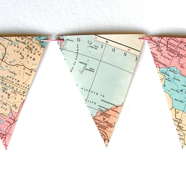 Pastels Spring decor. Vintage map bunting in pastels. Le monde en rose. Shabby chic, romantic home decor.