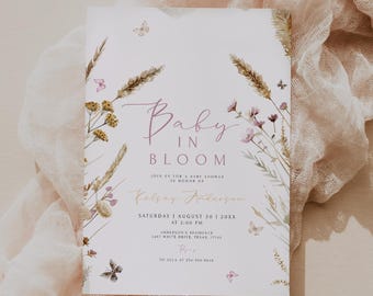 Zaproszenie na baby shower „Baby in Bloom”: edytowalny szablon zaproszenia na baby shower z motywem motyli i kwiatów (do pobrania w wersji cyfrowej)