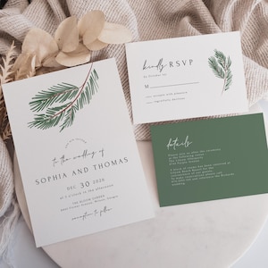 May include: Wedding invitation suite featuring a main invitation, RSVP card, and details card. The invitation is white with green botanical accents and text. The RSVP card is white with green accents. The details card is green with white text.