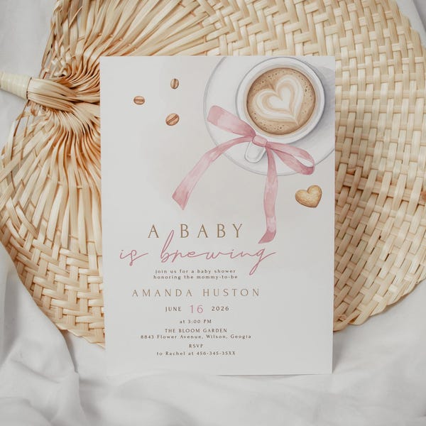 Baby Is Brewing Baby Shower Invitation Girl Blush Pink Coffee Latte Cafe Theme Invite Editable Printable Instant Download 5x7 Template
