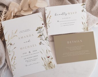 Wildflower Wedding Invitation Suite Watercolour Florals Boho Wedding Stationery Modern Invitation Set Summer Field Flowers Bundle Editable