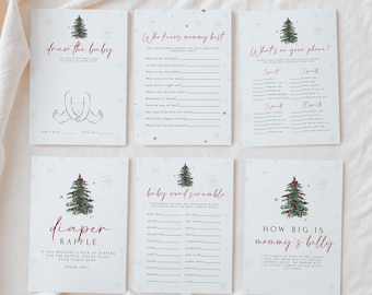 Puede incluir: Seis tarjetas blancas con texto e ilustraciones en rojo y verde para un baby shower. Las tarjetas incluyen juegos como "Draw the Baby", "Who Knows Mommy Best" y "What's on Your Phone?" con un gráfico de árbol de Navidad.