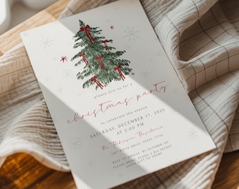 May include: A Christmas party invitation with a watercolor illustration of a Christmas tree decorated with red bows. The invitation includes the text "Christmas party" and event details: date, time, and location.