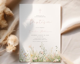 Wildflower Baptism Invitation Template Pink Floral Baptism Invite Printable Girl Baptism Invitation Christening Invite Instant Download