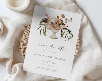Réservez vos dates pour un mariage rustique en terre cuite : floral bohème d'automne (modèle 5 x 7 à téléchargement numérique)