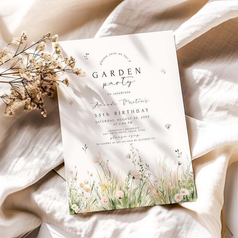 May include: A white invitation card with the text "GARDEN party" and details for a 35th birthday celebration. The card features floral illustrations in soft pastel colors, including pink, yellow, and green, with a delicate, natural aesthetic.