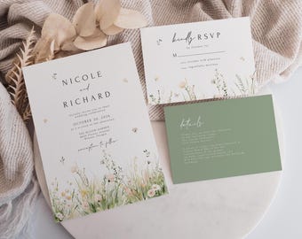 Elegante suite di inviti di nozze floreali, modello di invito di nozze stampabile, invito di nozze boho con fiori selvatici, design personalizzabile da scaricare