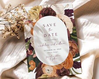 Modèle « Save the Date » floral en terre cuite : mariage d'automne rustique (carte modifiable à faire soi-même, téléchargement immédiat)