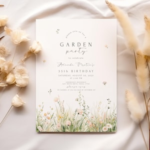 May include: A cream-colored invitation with the text "GARDEN party" and event details. The invitation features floral illustrations at the bottom and is surrounded by dried flowers. The text includes the name Amanda Martin's, the date, time, and location.