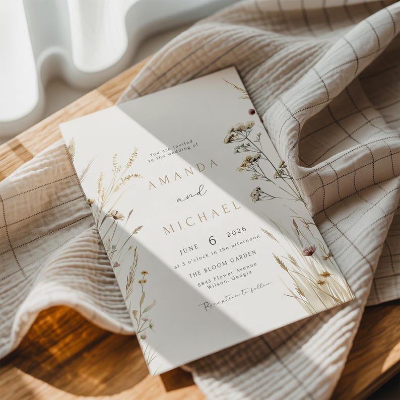 May include: A wedding invitation featuring the names "AMANDA" and "MICHAEL" with the date "JUNE 6 2026". The invitation has floral and botanical illustrations in muted tones, with text that reads "Reception to follow".