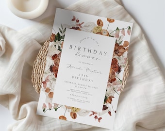 Editable Autumn Floral Dinner Party Invitation Template Printable Rustic Tones Pressed Flowers Leaves for Women Fall Birthday Invite