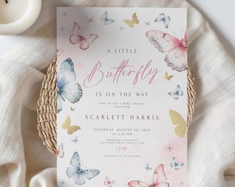 Roze en gouden vlinder babyshower uitnodiging: bewerkbare sjabloon uitnodigen (5 x 7" digitale download)