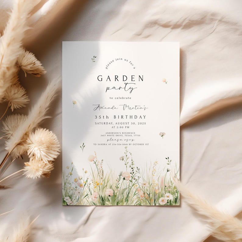 May include: A white invitation card with the text "GARDEN party" and details for a 35th birthday celebration. The card features floral illustrations and the text "Amanda Martin's". The invitation includes the date, time, and location.