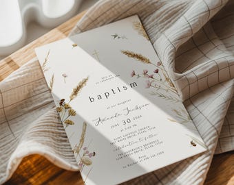 Mall för dopinbjudan till flickor, dopinbjudan med vildblommor, utskrivbar dopinbjudan till bebis, dopinbjudan med blommotiv, boho dopfest