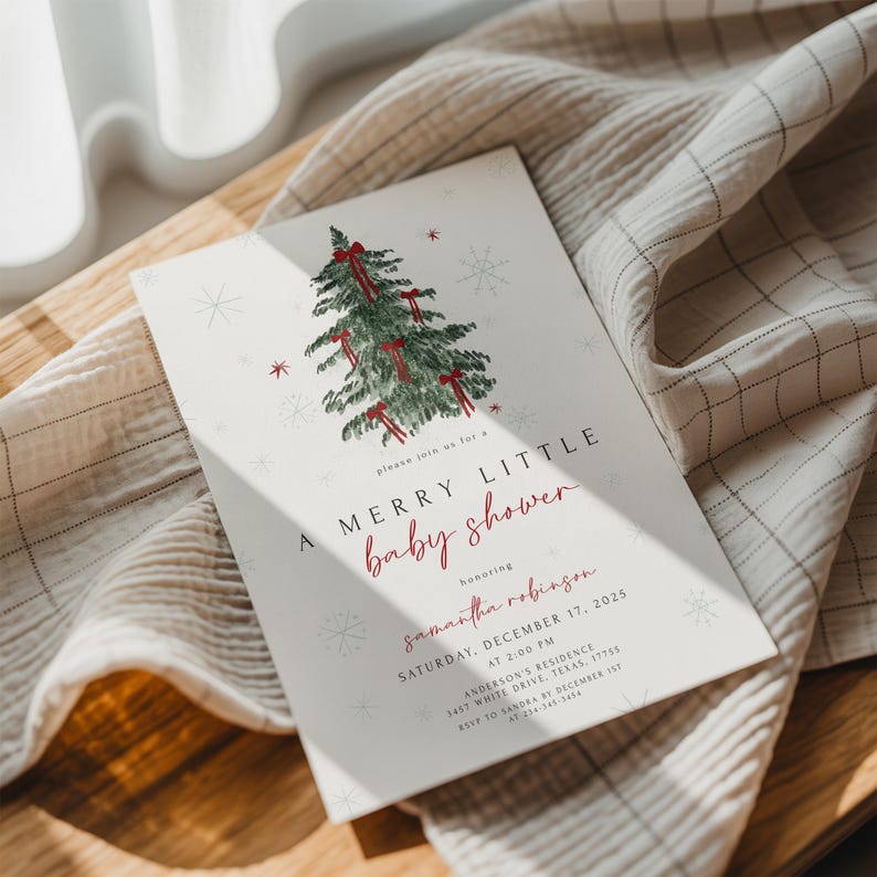 May include: A baby shower invitation with a watercolor Christmas tree design. The invitation reads "A Merry Little Baby Shower" in red script. Details include the honoree's name, date, time, and location.