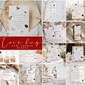 Puede incluir: Un conjunto de papelería para baby shower con el tema "Love Bug". Los diseños presentan mariposas, mariquitas y libélulas. Los artículos incluyen invitaciones, letreros, adornos para cupcakes y tarjetas de agradecimiento. La paleta de colores es suave, con blanco, rojo y beige.