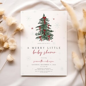 May include: A baby shower invitation with a Christmas theme. The card features a hand-drawn Christmas tree adorned with red bows. The text reads "A Merry Little Baby Shower" and includes event details.