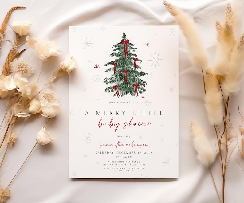 May include: A baby shower invitation with a Christmas theme. The card features a hand-drawn Christmas tree adorned with red bows. The text reads "A Merry Little Baby Shower" and includes event details.