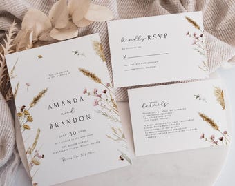 Wildflower Wedding Invitation Suite Watercolour Florals Invitation Boho Wildflower Invitation Floral Wreath Invitation Modern Wedding Set
