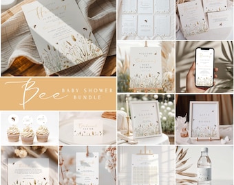 Redigerbar babyshowerinbjudan med honungsbi, babyshowerinbjudan med lilla honung är på väg, mall för neutral babyshowerlek med vildblomma och bi