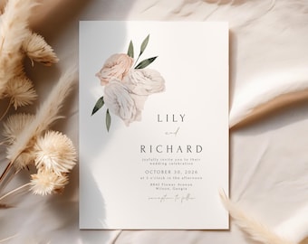 May include: A wedding invitation featuring the names "LILY and RICHARD" in elegant typography. The invitation includes the wedding date, time, and location. The design incorporates a floral arrangement with soft pink and white roses and green leaves.