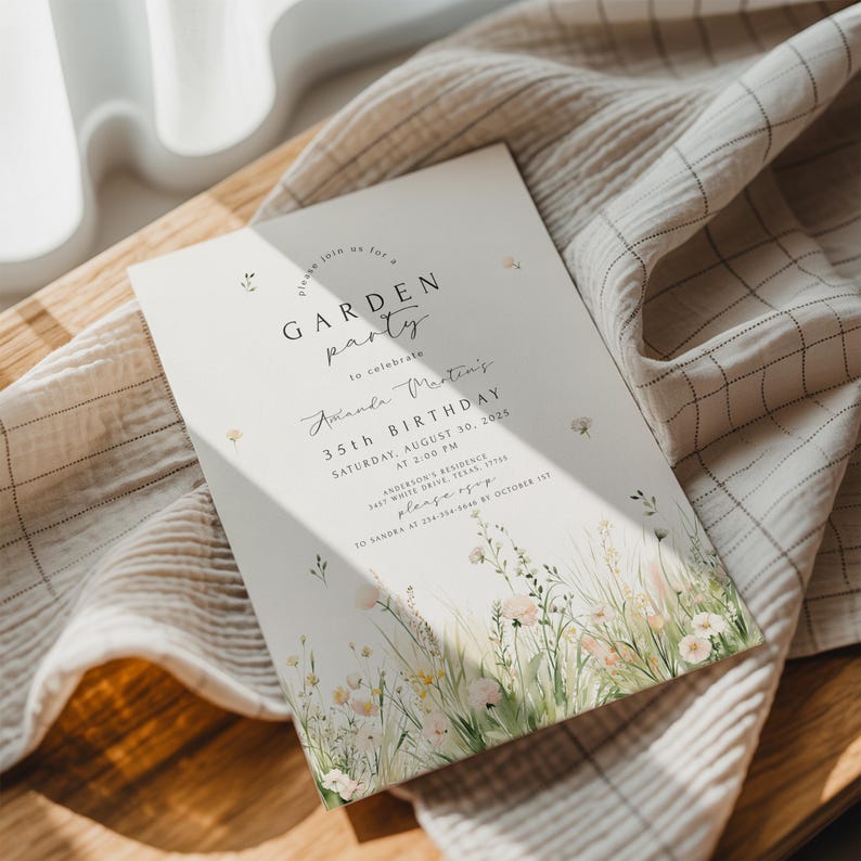 May include: A cream-colored invitation for a garden party, featuring floral illustrations and elegant script. The text reads "Garden Party" and details for a 35th birthday celebration, including the date, time, and location.