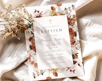 May include: Baptism invitation featuring floral design in shades of white, orange, and brown. The invitation includes the text "BAPTISM" and event details, including the name "Amanda Jackson" and the date June 30, 2026.