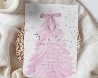 Pink Bow Winter Onederland First Birthday Invitation Girl Snowflake Birthday Invite 1st Christmas Birthday Party Pink Winter Wonderland