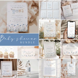 Peut inclure: Un ensemble pour une baby shower avec des invitations, des panneaux et des décorations. Les motifs comprennent des accents floraux bleus et des illustrations de vêtements de bébé. Le texte comprend "A sweet baby boy is on his way!" et "Baby Shower Bundle."