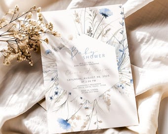 Blue Baby In Bloom Baby Shower Invitation Template Editable Wildflower Boy Shower Invite Printable Blue Floral Baby Shower Digital Download
