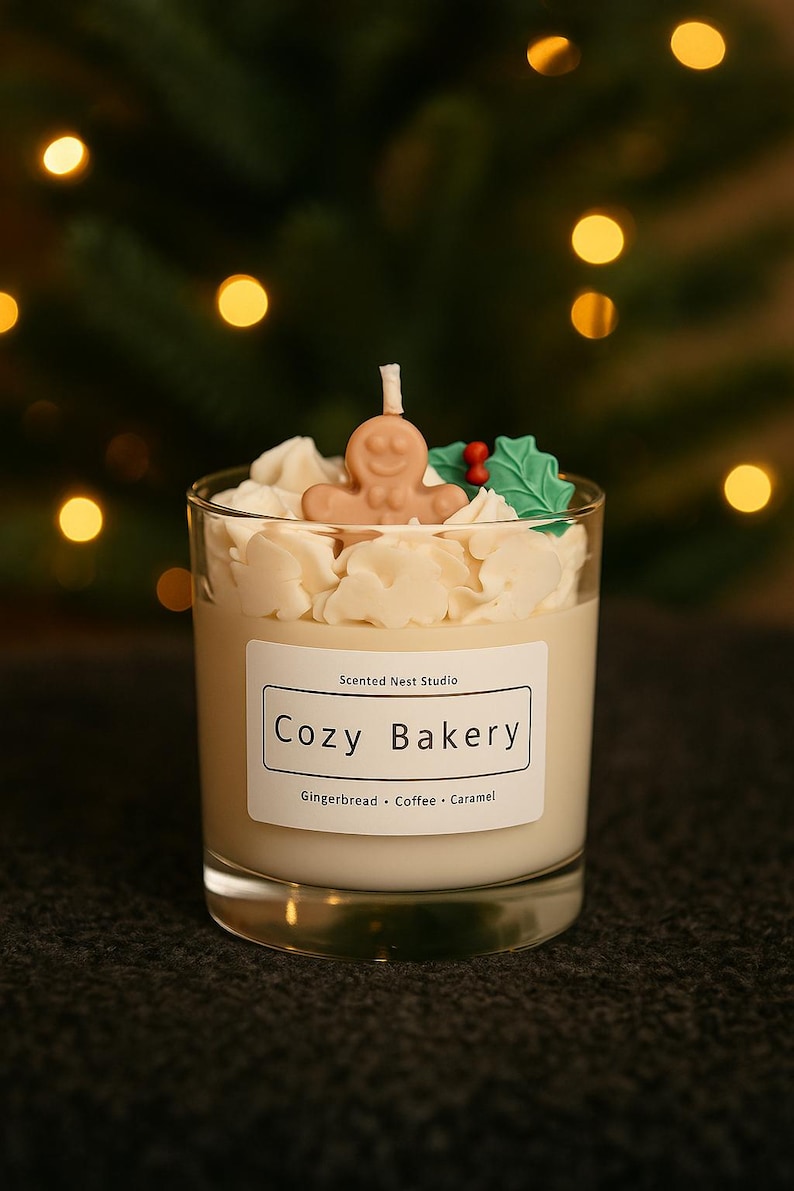 Pu&ograve; includere: Candela profumata in un bicchiere trasparente, sormontata da un omino di pan di zenzero. L'etichetta recita "Cozy Bakery" con "Gingerbread, Coffee, Caramel" sotto. Decorata con glassa bianca e agrifoglio.