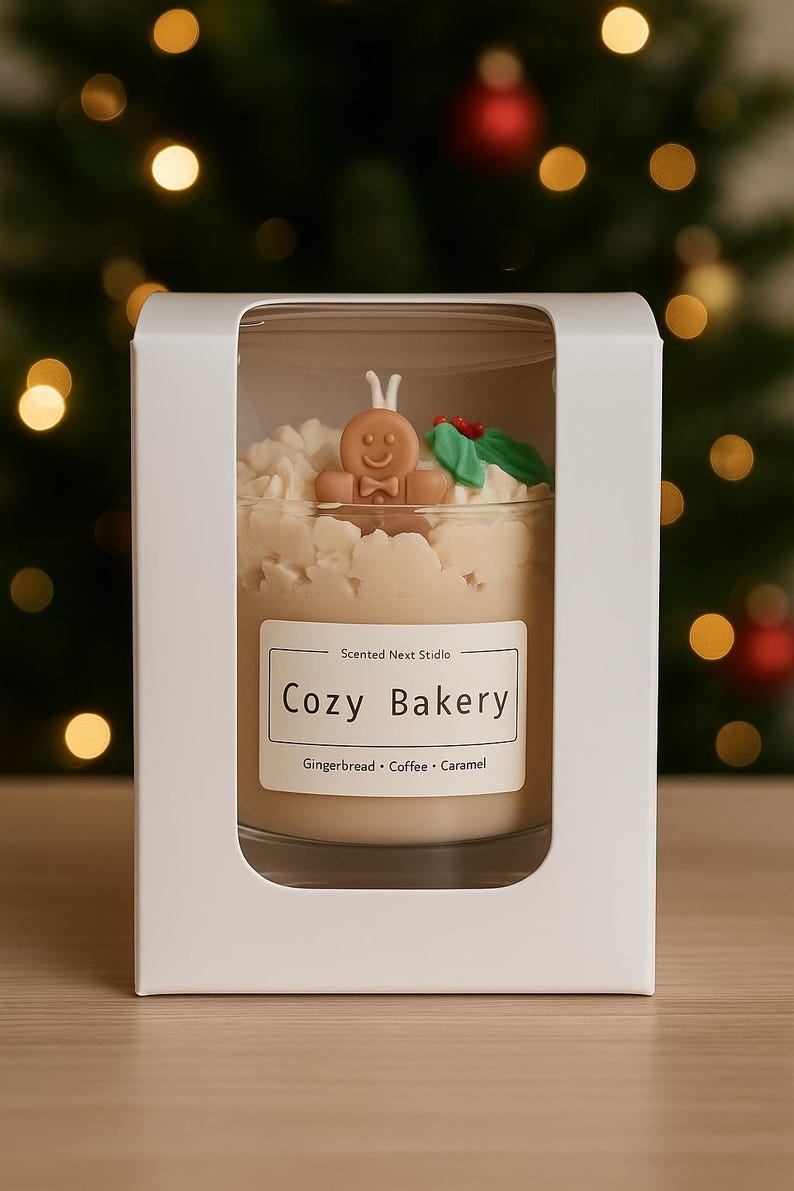 Pu&ograve; includere: Candela profumata in un barattolo di vetro, etichettata "Cozy Bakery". La candela presenta un omino di pan di zenzero e dettagli decorativi. La candela &egrave; confezionata in una scatola bianca, con note olfattive di pan di zenzero, caff&egrave; e caramello.